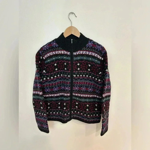 VTG TALBOTS Hand Knit Chunky 100% Wool Zip oversized Sweater S Holiday Fair isle - Picture 2 of 7